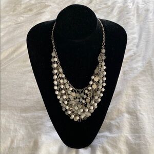 Silver and White Multi-Strand Necklace with Cascading Beads
